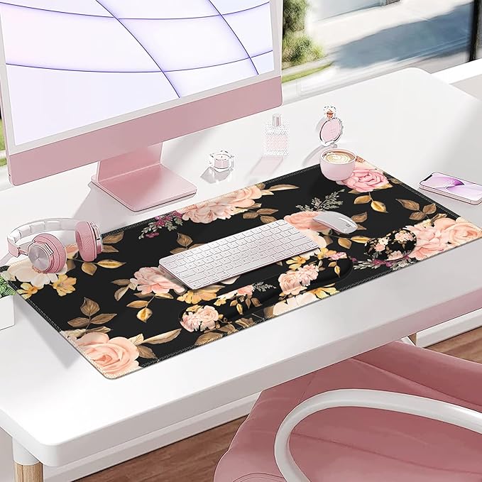 XXL Desk Mat Large Floral Mouse Pad with Wrist Rest Keyboard Wrist Rest 3 in1 Desk Pad Matt Set Gaming Mousepad with Wrist Support Computer Mat for Desktop Office Women LaptopBlack Pink