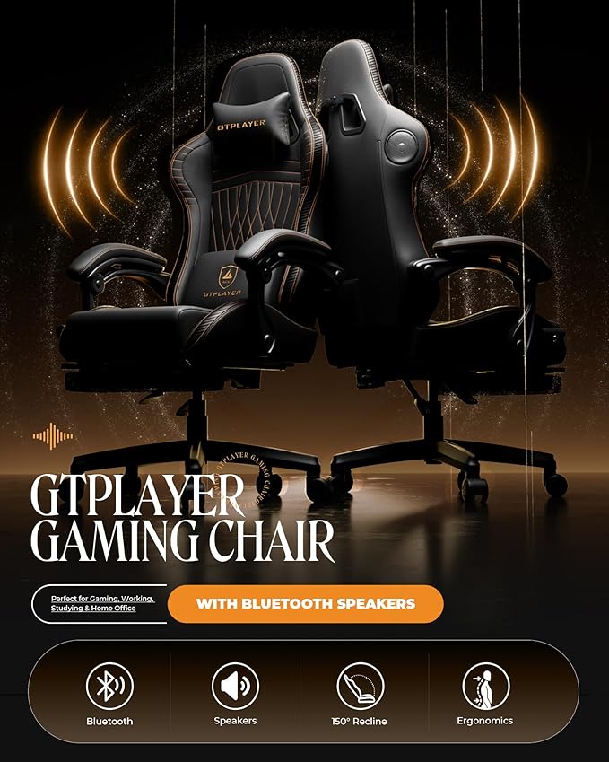 GTPLAYER Gaming Chair with Speakers Video Game Chairs with Footrest PC Gamer Chairs for Adults - Padded High Back Ergonomic Reclining Silla Gamer Linkage Armrest Ace Pro Black &amp Orange Stitch