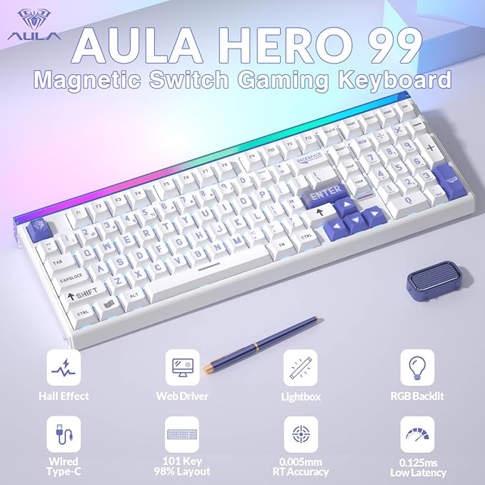 AULA Hero 99 Wired Gaming Keyboard Hall Effect Keyboard with Rapid Trigger Mode Hot Swappable Magnetic Switch Keyboard with Number Pad Web DriverRGB Backlit Mechanical Keyboard for Office PC Gamer