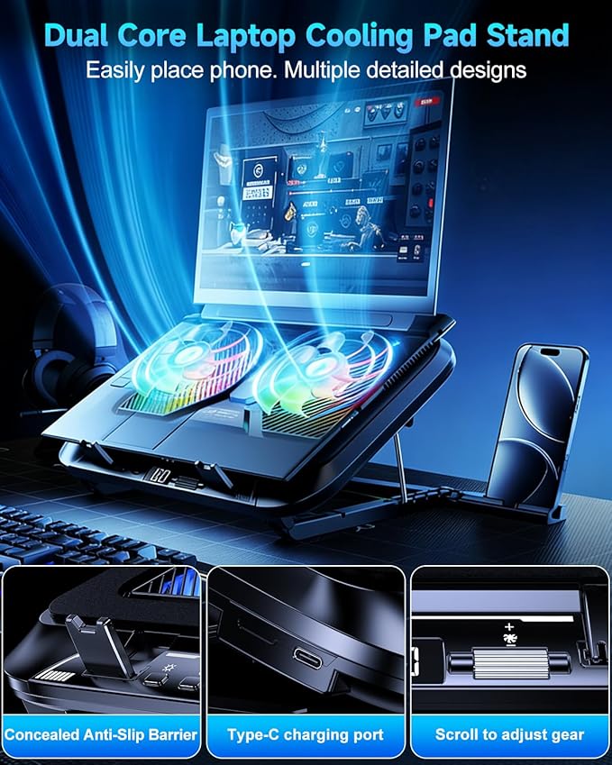 Laptop Cooling Pad with Dual Core Cooler Gaming Laptop Cooler with 5.5in 2 Powerful Turbofan(9500 RPM) Fast Cooling Laptop 12-21in 5 Height Stands 100 Gear Speed LCD Screen RGB Phone Holder
