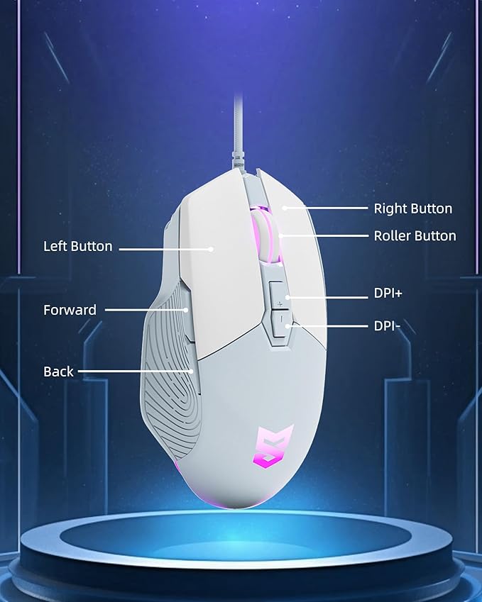 Gaming Mouse Ergonomic Wired Gaming Mouse 7200 DPI Optical Sensor Adjustable USB C RGB LED Backlit Gaming Mice with 7 Programmable Buttons Plug Play High-Precision for PC Laptop Blue White