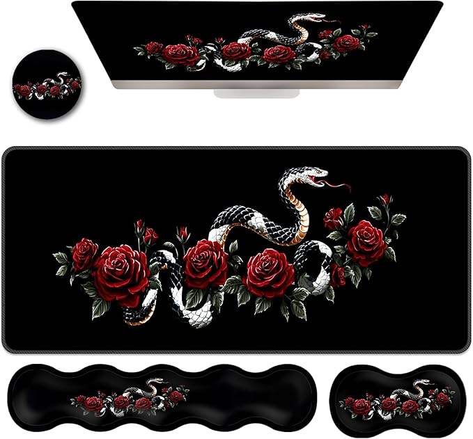 Ergonomic Keyboard Wrist Rest &amp Mouse Pad Wrist Rest SetXL Gaming Desk Mat 31.5x 11.8Non-Slip BaseMemory FoamEasy Typing Pain Relief for Office &amp HomeSnake with Red Roses