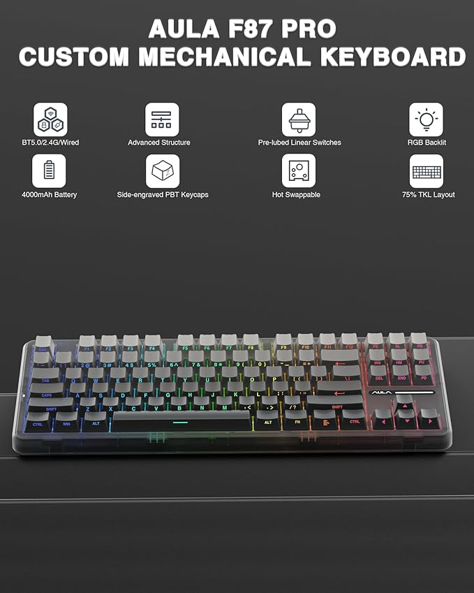 AULA F87 Pro Wireless Mechanical KeyboardTri-Mode BT5.0/2.4GHz/USB-C Hot Swappable Custom KeyboardPre-lubed SwitchesSide Printed PBT Keycaps75% TKL RGB Backlit Gaming Keyboards
