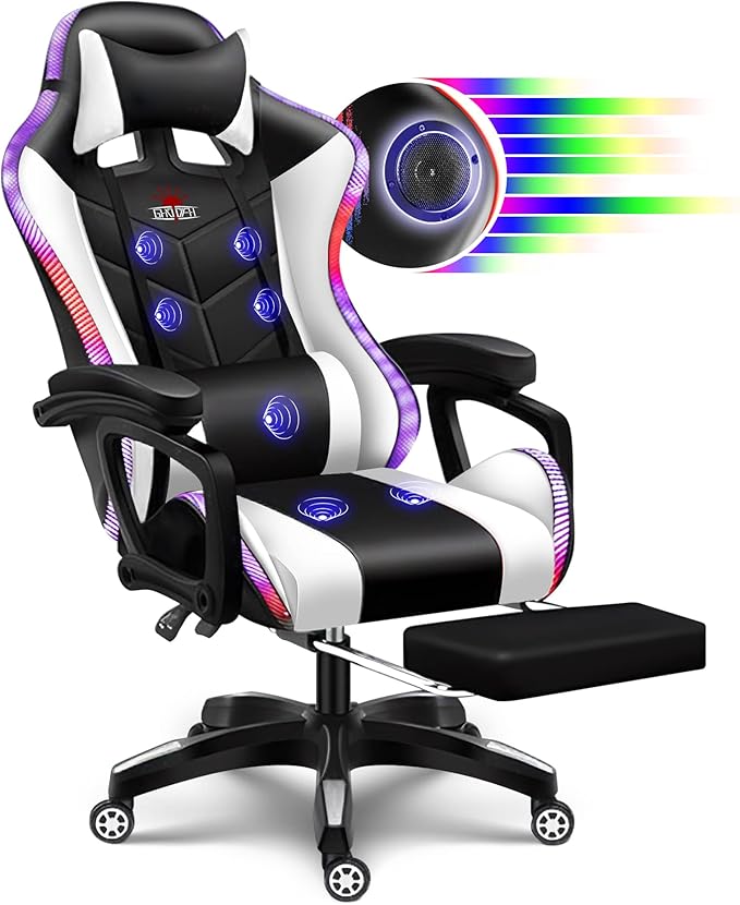 RGB Gaming Chair with Speakers and Massage Racing Computer Chair with Massage and Footrest for Office or Gaming. (Black+White)
