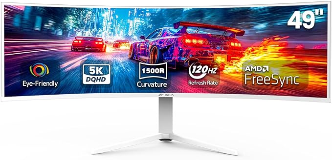 CRUA 49 White Curved Monitor | DQHD(5120 * 1440) 120Hz 1500R 32:9 AMD FreeSync 120% sRGB Height Adjustable Ultra-Wide Screen Computer Monitors HDMI 2.1 &amp DP 1.4 Wall Mount Install