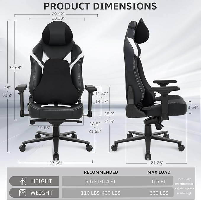 Ergonomic Gaming Chair Wyrdforging Computer Desk Chairs 4D Armrests High Back Office Chair With Headrest &amp Lumbar Pillow Tilt Rocker Recliner Heavy-Duty Base Black PU Leather &amp White Sue