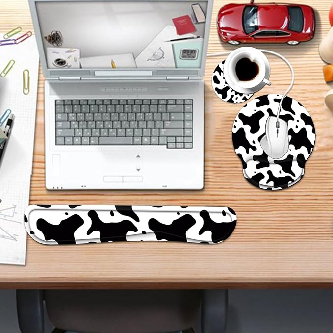 Keyboard Wrist Rest and Mouse Pad Wrist Support Set with CoasterErgonomic Mouse PadComfortable for Easy Typing Pain ReliefMemory Foam Keyboard Pad Set for Laptop MacCow Print