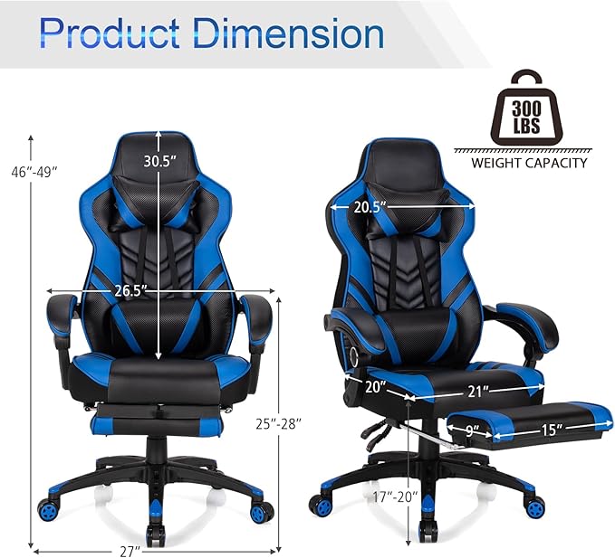 POWERSTONE Gaming Chair Video Game Chair with Footrest and Lumbar Support Racing Style PU Leather Computer Chair Ergonomic Adjustable Swivel Task Chair Blue
