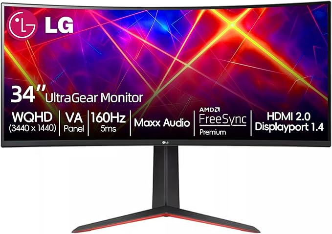 LG 34 Curved Ultragear Gaming Monitor QHD(3440x1440) 160Hz AMD FreeSync HDR10 sRGB 99% Built-in Speakers Multitasking and Content Creation DisplayPort &amp HDMI Tilt/Height Adjustable Stand