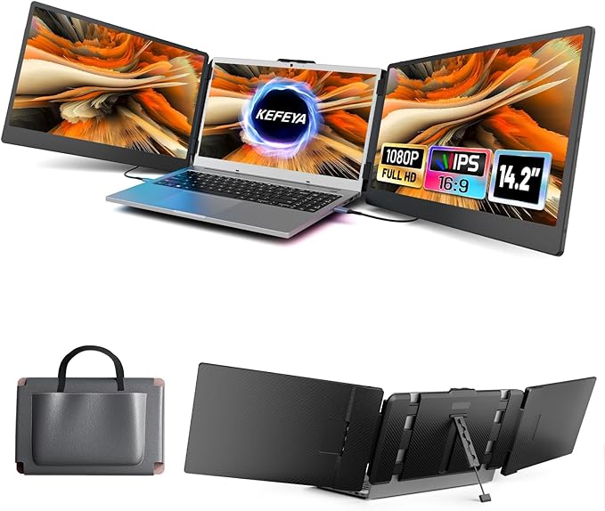 KEFEYA Laptop Screen Extender 14.2 Portable Triple Monitor for Laptop with Full HD IPS Display Monitor Extender Compatible with Mac Windows Chrome Fits 13-17 Inch Laptops