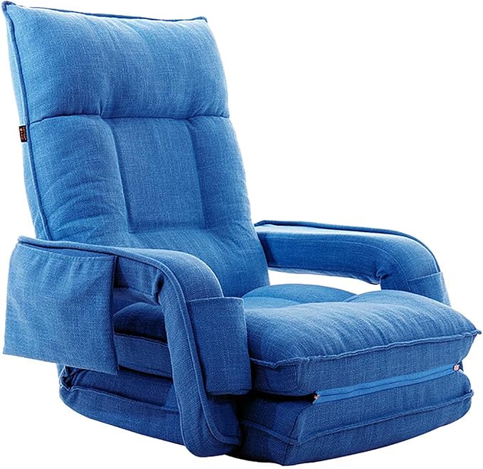 Folding Chaise Lounge Chair with Armrest 6 Adjustable Positions Indoor Floor Chair for Living Room Bedroom BalconyComfy Gaming Recliner Chair Padded Seats for Adults (Blue)