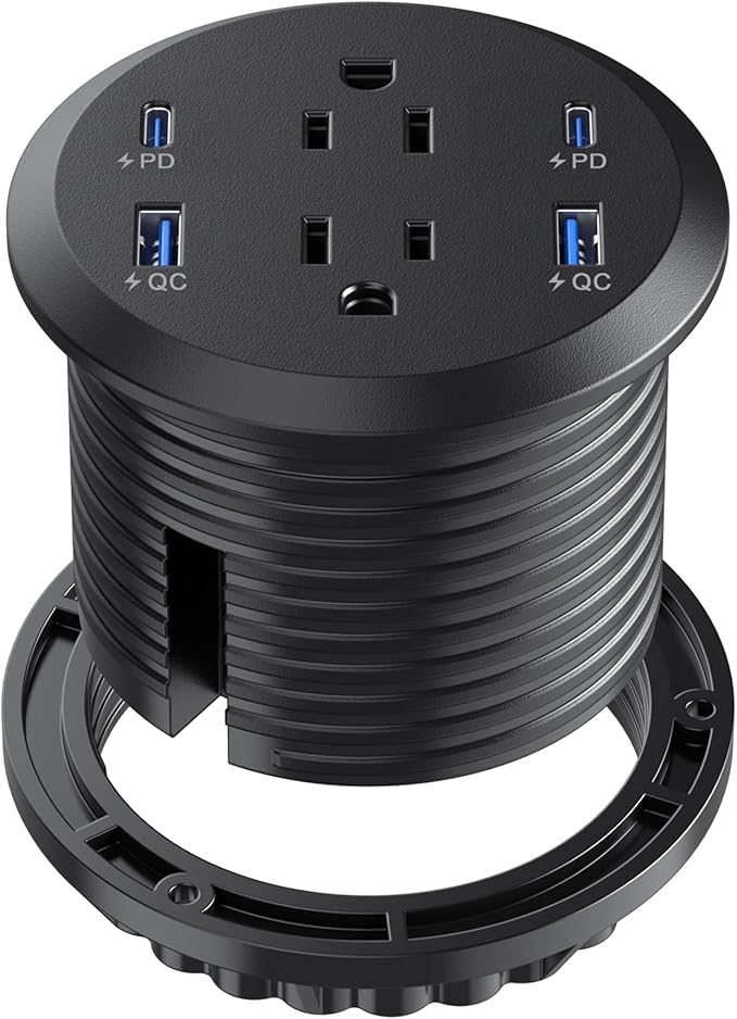 Jgstkcity Desktop Power Grommet 65W USB C Fast Charging Port Flush Mount Recessed Power Strip 3inch Hole2 Outlets4 USB Ports Countertop Outlet (Black 65W USB Port)