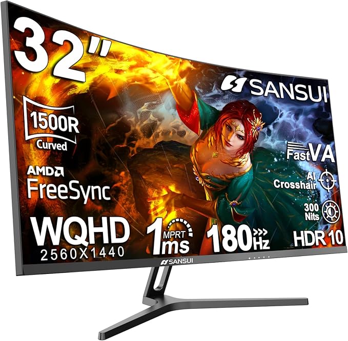 SANSUI 32-Inch Curved Gaming Monitor WQHD 2560 x 1440 180Hz Curved 1500R -Fast VA1ms(OD) HDR 300nits sRGB 125% DCI-P3 95% FreeSync HDMI x2 DP1.4x2(DP Cable Included)