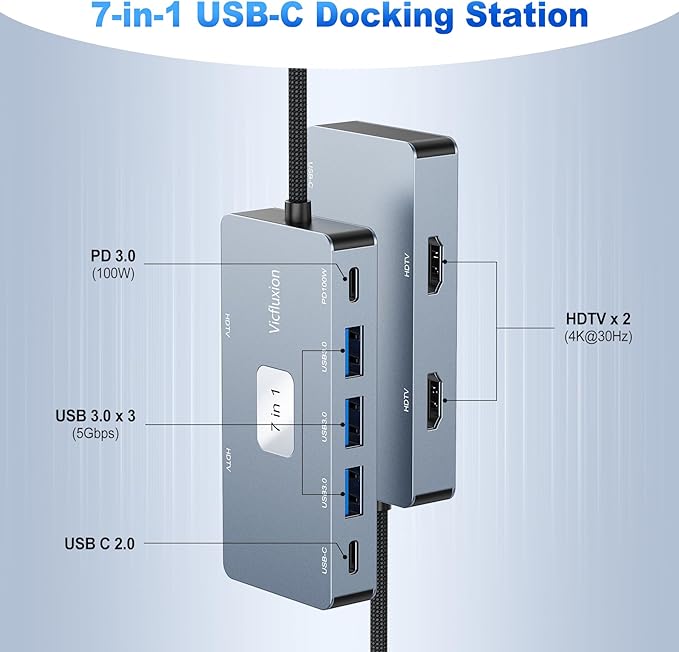 7-in-1 USB C Docking Station Dual Monitor USB-C Hub with 2 HDMI Ports 3 USB 3.0 1 Type-C Data Port 100W PD Compatible with MacBook Dell HP Lenovo Surface