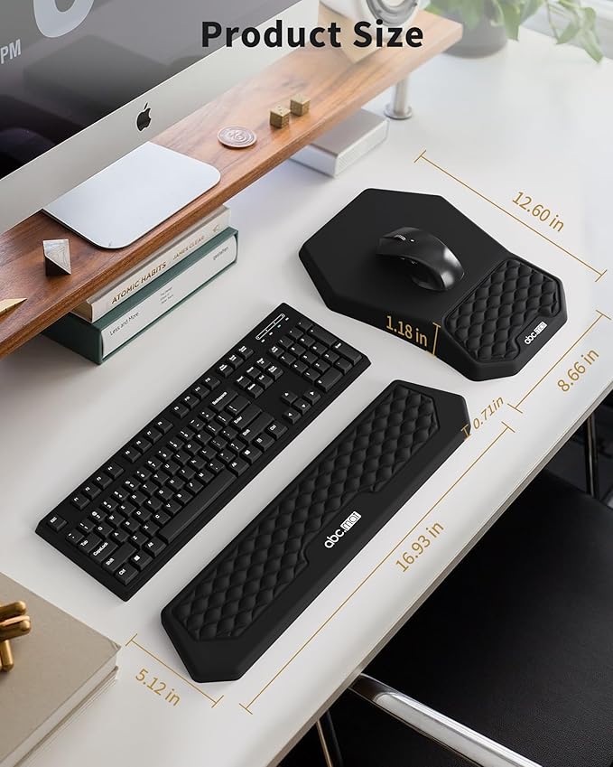 Ergonomic Mouse Pad and Keyboard Wrist Rest Support Set Massage Design Mousepad for Carpal Tunnel Pain Relief Memory Foam Non-Slip PU Base for Computer Desk Black