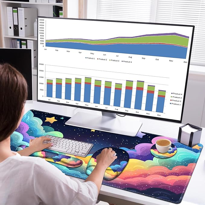 Mouse Pad with Wrist Support 4 in1 Set XXL Big Game Mousepad + Keyboard Wrist Rest + Mouse Wrist Rest Pad +Coaster Gaming Mat for Home Office Work Computer Laptop I Colorful Clouds Starry Night