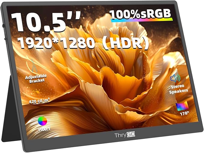 10.5 Portable Monitor 3:2 1280P FHD IPS Display with HDR10 420 Nits 60Hz Dual USB-C &amp Mini HDMI Adjustable Stand Ultra-Slim Mini Screen for Laptop PC Phone Game Consoles Raspberry Pi