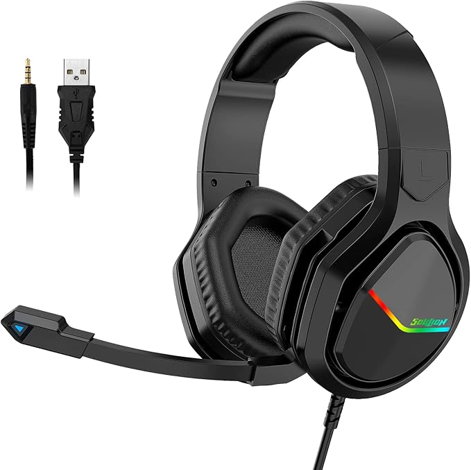 SOULION S10 Gaming Headset with Microphone RGB Lights PC Headphones with Noise Canceling Mic for PS4 PC Xbox One Soft Memory Earmuffs Headsets for PS5 Laptop Mac Mobile