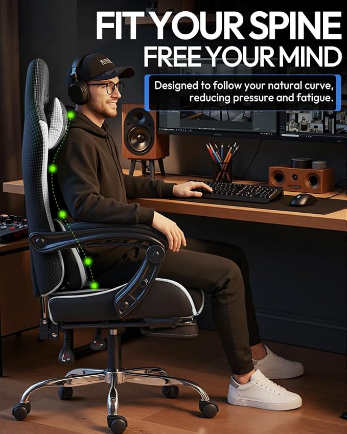 Dowinx Ergonomic Gaming Chair with Footrest &amp Massage Lumbar 2D-Linkage Armrests for Computer Chair 330lbs with Headrest Pillow for Office Home Streaming and Long Gaming Sessions White