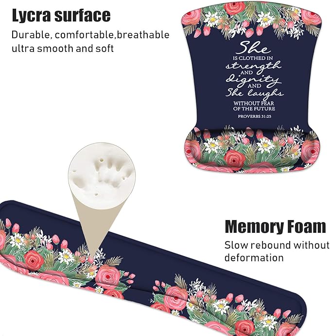 Keyboard Wrist Rest and Mouse Pad Wrist Support Set with Coasters Floral Quote Bible Verses Proverbs 31:25 Design Wrist Mouse Pad with Non-Slip PU Base for Home Office Working Studying
