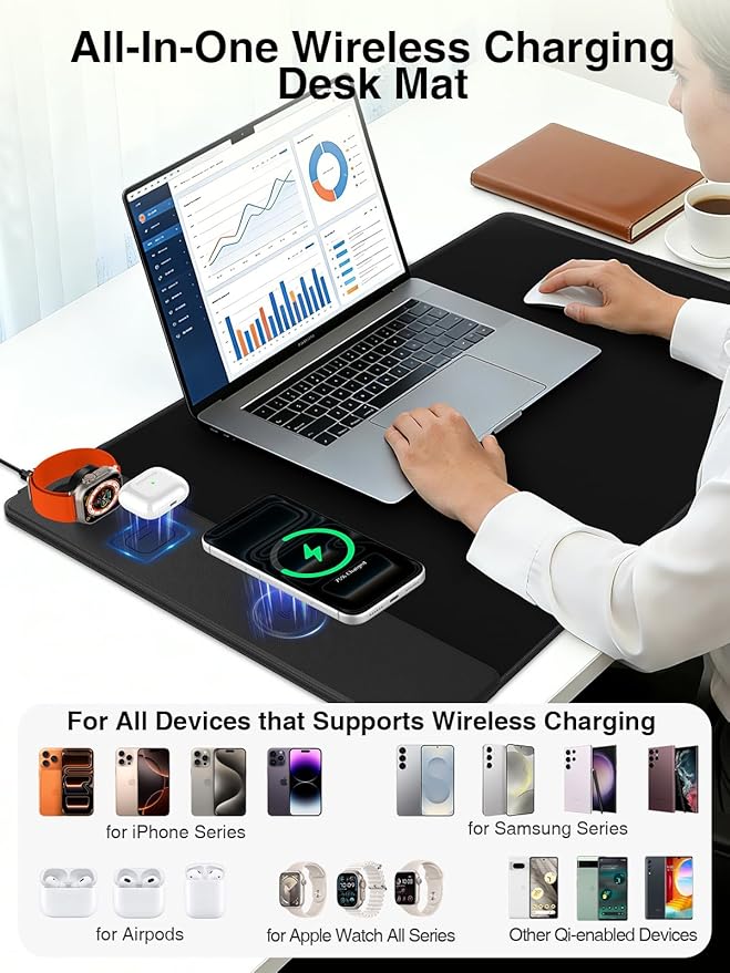 Mouse Pad with Magnetic Wireless Charging Large Desk Mat Non-Slip Mouse Mat Keyboard Pad for Gaming Desk Office PC (The Left Charging-Black)