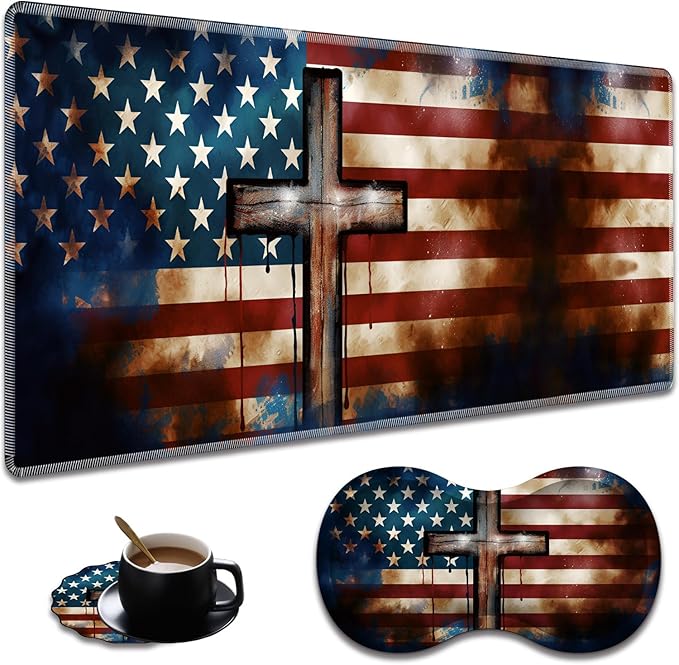 Extended Non-Slip Mouse Pad + Mouse Wrist Rest + Lace-Shaped Coaster Set Ergonomic Design Suitable for Desk and Home Gaming Table Mat American Flag Cross