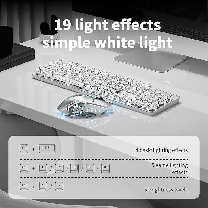 TK950 Wireless Typewriter Keyboard and Mouse Combo104 Keys Retro Typewriter Mechanical Keyboard with White Backlit Anti-Ghosting Blue Switch Bluetooth/2.4G/Wired Cute Gaming Keyboards-White