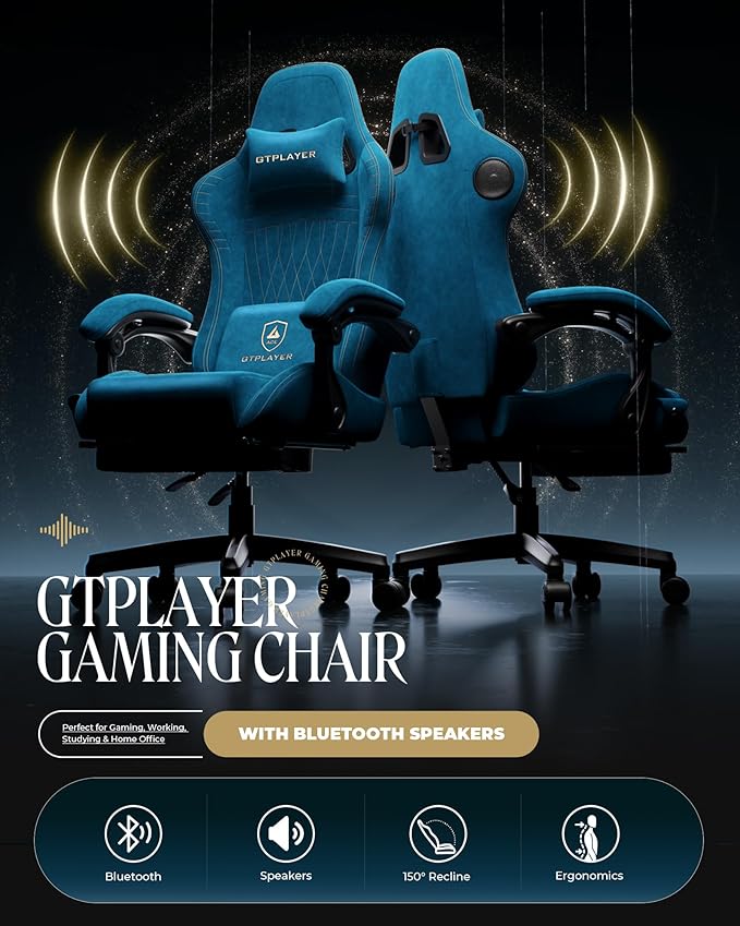 GTPLAYER Gaming Chair with Speakers Video Game Chairs with Footrest PC Gamer Chairs for Adults - Padded High Back Ergonomic Reclining Silla Gamer Linkage Armrest Ace Pro Blue (Velvet)