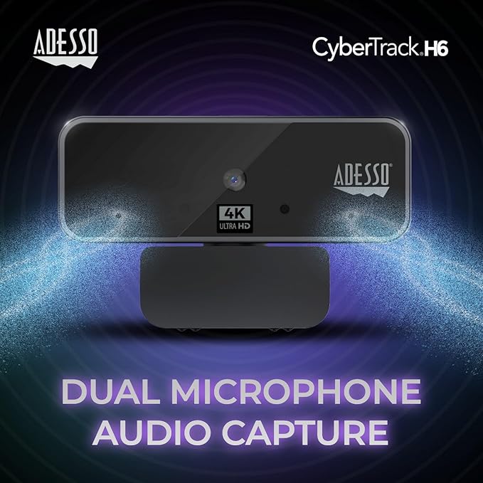 Adesso Cybertrack H6 4K Ultra HD USB Webcam with Built-in Dual Microphone &amp Privacy Shutter Cover Black