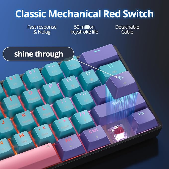 Fogruaden 60 Percent Wireless Gaming Keyboard Wired/Bluetooth Mechanical Keyboard 60% RGB Backlit Hot-Swappable Red Switch