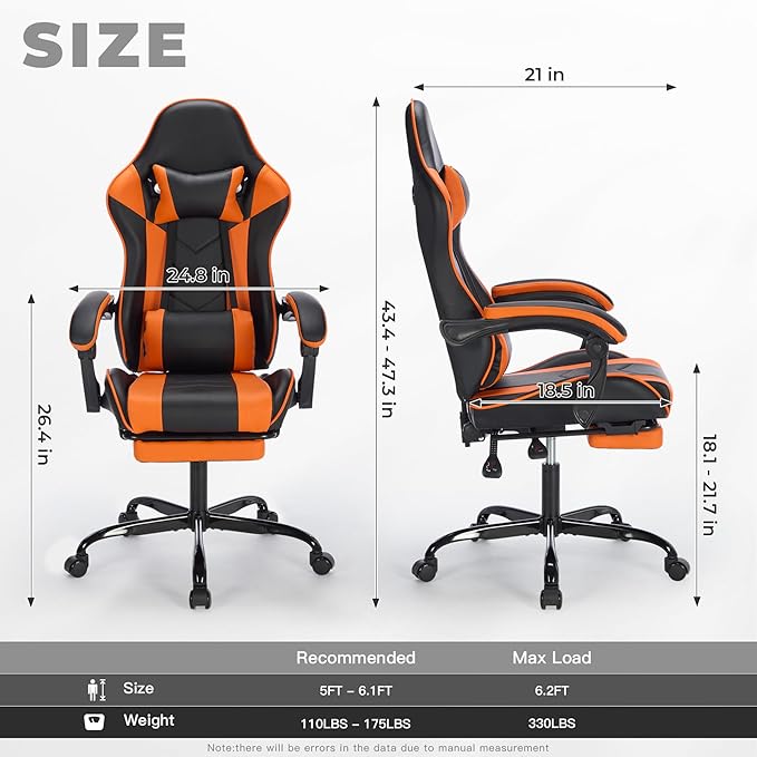 Versatile Gaming Chair with Footrest - Ergonomic Black Orange Leather Model Featuring Headrest &amp Lumbar Support Breathable and Height Adjustable for Ultimate Comfort in Gaming