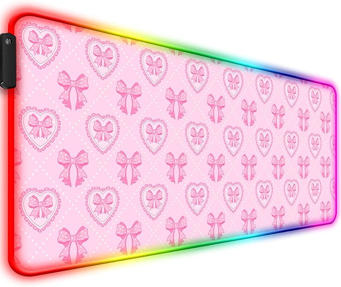 RGB Pretty Pink Love Bows Gaming Desk Mat Computer Keyboard Large Extended Long Girly LED Mouse Pad for Office and Home XL (W13)