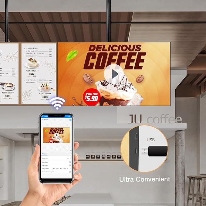 Digital Signage Display 32 inch Wall Mount Digital Menu Board for Restaurants and Stores Advertising Screen 700 nits Ultra-High Brightness FHD Free Web Content Editor Android 2GB + 32GB