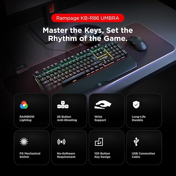 KB-R86 Umbra Mechanical Gaming Keyboard – High-Performance Switches 26-Key Anti-Ghosting 12 Multia Keys Wrist Rest Durable ABS – Compatible with PC Laptop Mac (Blue Switch)