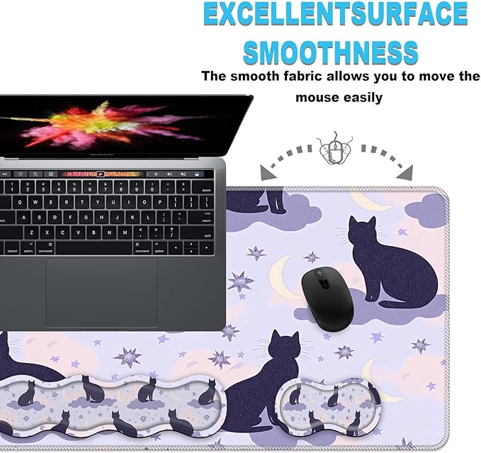 Keyboard Wrist Rest and Mouse Pad Set31.5x11.8 Inches Desk MatWaterproof Non-Slip Ergonomic Wrist Support for Pain ReliefExtended Desk Protector for Office Home GamingCute Cat Design