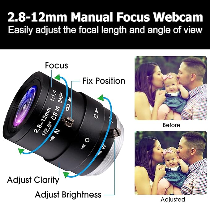 1080P USB Camera with 2.8-12mm Varifocal Lens 0.01Lux Low Light Webcam H.264 IMX323 Computer Camera for Video Conference Plug &amp Play for Windows/Linux/Mac
