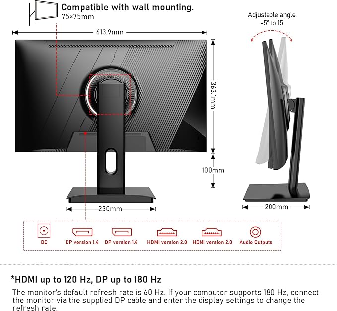 Gawfolk 27 inch 2K QHD(2560×1440) PC Screen 180Hz Gaming Monitor 1ms Without Bezel FreeSync100% sRGB 178° Wide Viewing Angle HDMI2.0 &amp DisplayPort 1.4 75 * 75MM Wall Mount Compatible- Black