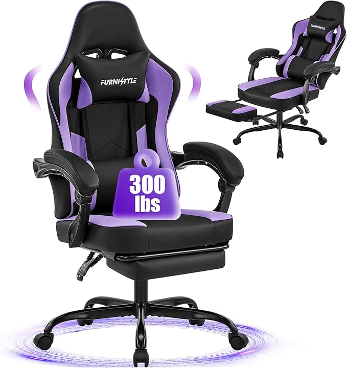 Gaming Chair Purple Gaming Chairs for Adults Teens High-Back Ergonomic Computer Chair with Extended Footrest Removable Headrest &amp Lumbar Support Wide PU Leather Reclining Desk Chair