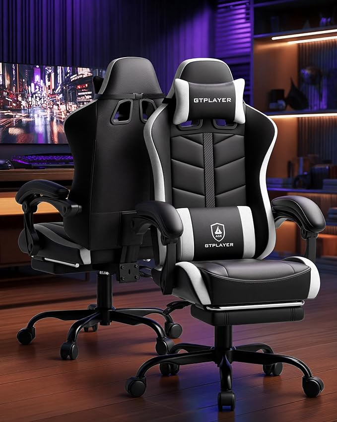 GTPLAYER Gaming Chair Computer Gaming Chairs for Adults with Footrest Height Adjustable PC Game Chair with 90-155° Recline &amp Removable Headrest Lumbar Support Black-White