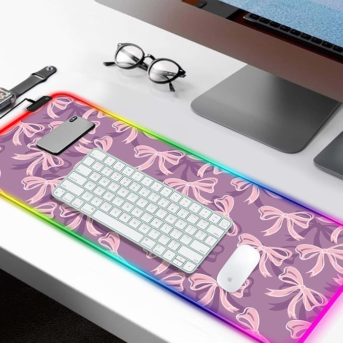 RGB Pretty Purple Bows Gaming Desk Mat Computer Keyboard Large Extended Long Girly LED Mouse Pad for Office and Home XL (W15)