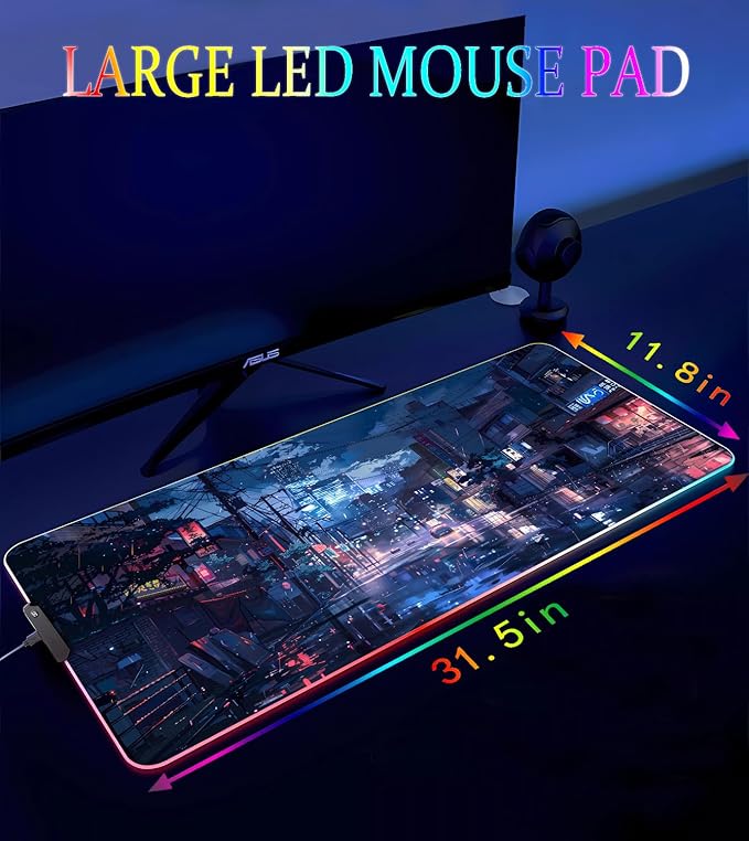 RGB Gaming Mouse Pad Large Mousepad with Led Light Gaming Accessories Keyboard Pad for Desk Non-Slip Rubber Base Big Mouse Mat for Gamer 31.5 X 11.8 Inch Japanese Streets