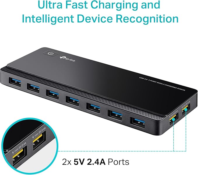 TP-Link Powered USB Hub 3.0 with 7 USB 3.0 Data Ports and 2 Smart Charging USB Ports. Compatible with Windows Mac Chrome &amp Linux OS with Power On/Off Button 12V/4A Power Adapter(UH720)