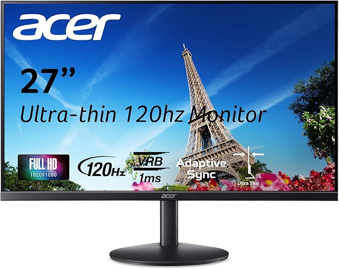 Acer SB273 G0bi 27 IPS Full HD (1920 x 1080) Ultra-Thin Zero-Frame Gaming Office Monitor | Adaptive-Sync Support (FreeSync Compatible) | Up to 120Hz Refresh | 1ms (VRB) | Tilt | HDMI &amp VGA Ports