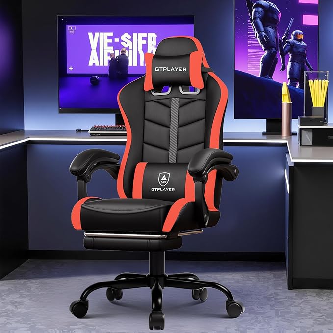 GTPLAYER Gaming Chair Ergonomic Game Computer Chairs with Foot Rest for Adults Adjustable PC Game Chair with Reclining Function and Comfortable Headrest for Home and Office Use (RED)