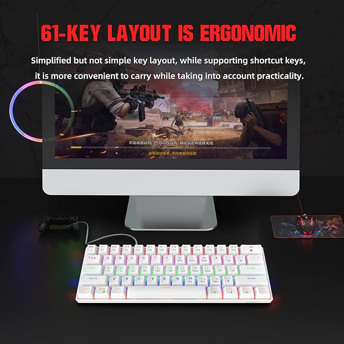 Snpurdiri Wired 60% Mechanical Gaming Keyboard Blue Switch Anti-Ghosting 61 Key Keyboard with RGB Backlit and Double Foot Ultra-Compact White