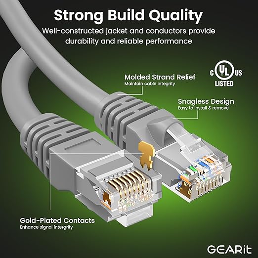 GEARit Cat 6 Ethernet Cable (20-Pack 5 Feet) Cat6 Network Patch 10Gbps RJ45 Snagless Cord Gold-Plated Connectors Internet for PC TV Tablet Router Printer Servers IT Data Center - Gray
