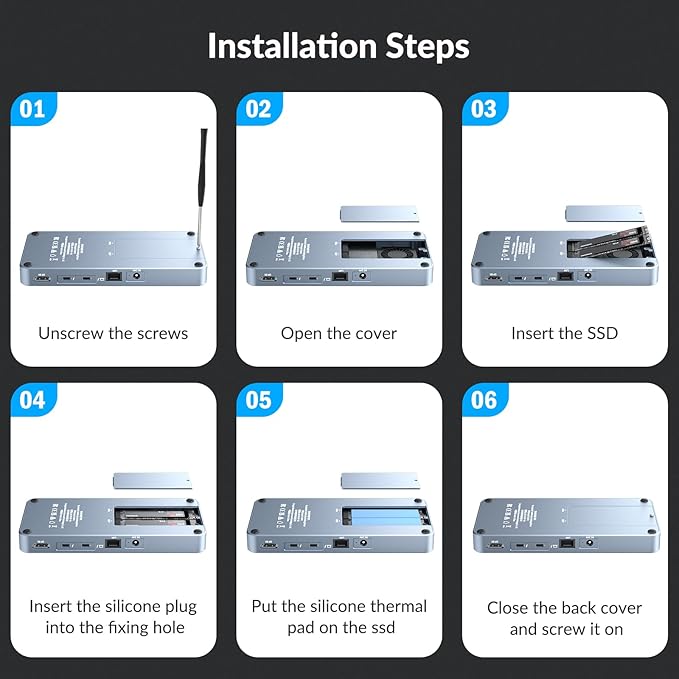 10 in 1 Docking Station with Thunderbolt 3 Port 2X USB 3.1 Gen1 2X USB 3.1 Gen2 PD 60W 8K@60Hz DP 3.5 Audio/Mic Ethernet 120W DC in NVMe and SATA M.2 SSD Enclosure