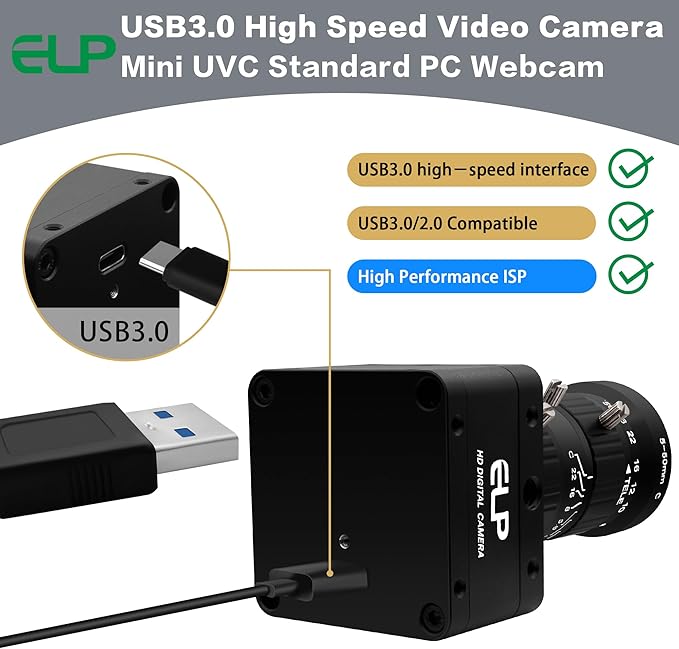 ELP Ultra HD 20MP Varifocal USB 3.0 Camera for Computer Manual Zoom 3840P USB3.0/2.0 Lightburn Cameras for Windows Linux Mac Pi 5-50mm 10X Variable Focus AR2020 High Speed 4K 30FPS Webcam for PC