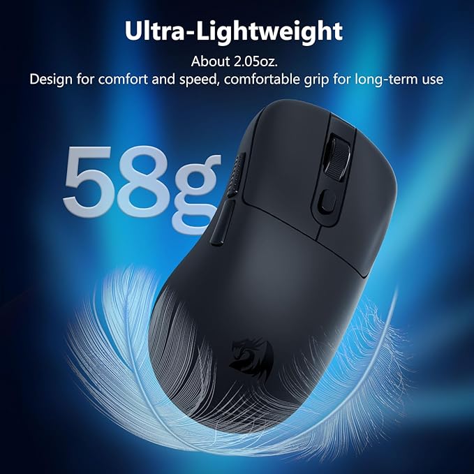 Redragon Wireless Gaming Mouse 58g Lightweight 12000 DPI Tri-Mode 2.4G/Bluetooth/USB-C PAW3311 Sensor 75Hr Battery Mice with 6 Programmable Buttons for PC/Mac (Black)