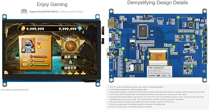 Waveshare 7inch QLED Quantum Dot Display Capacitive Touch Screen 1024×600 G+G Toughened Glass Panel Support Raspberry Pi 5/4B/3B/Zero/Zero W/Zero 2W/Pico/Pico W/Pico WH Jetson Nano/PC/Game Console